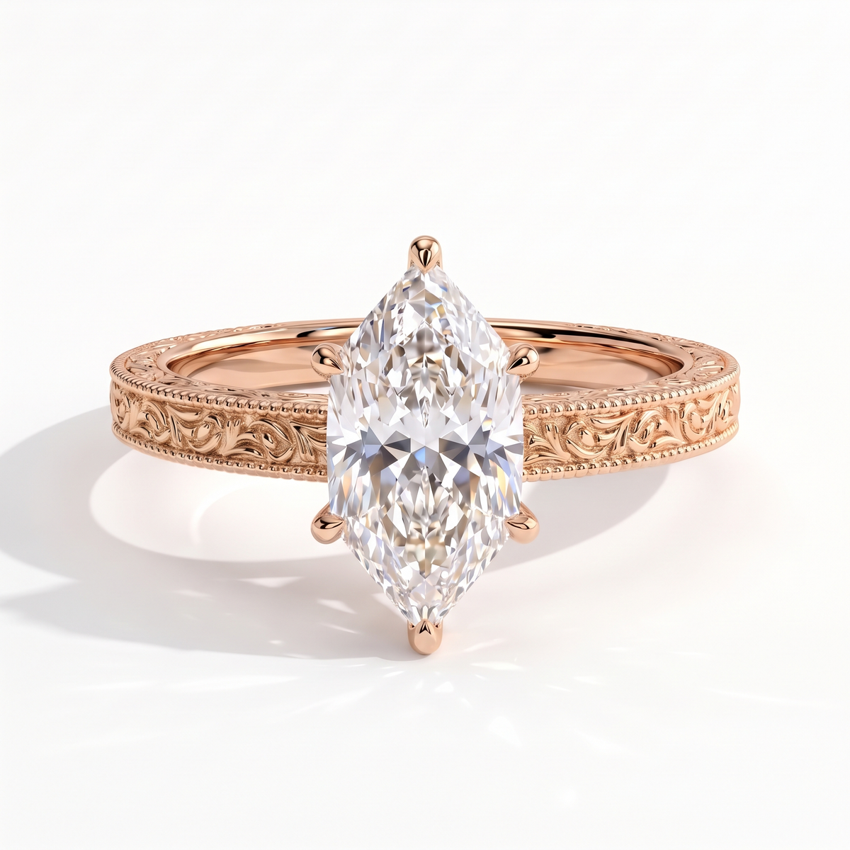 Marquise lab-grown diamond vintage engraved solitaire engagement ring in 14K (585) rose gold, front view
