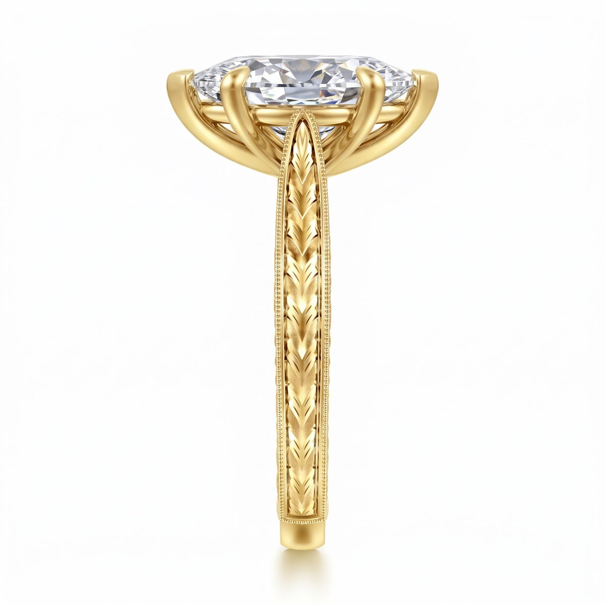 Marquise lab-grown diamond vintage solitaire engagement ring with engraved wheat band in 14K (585) yellow gold, side view