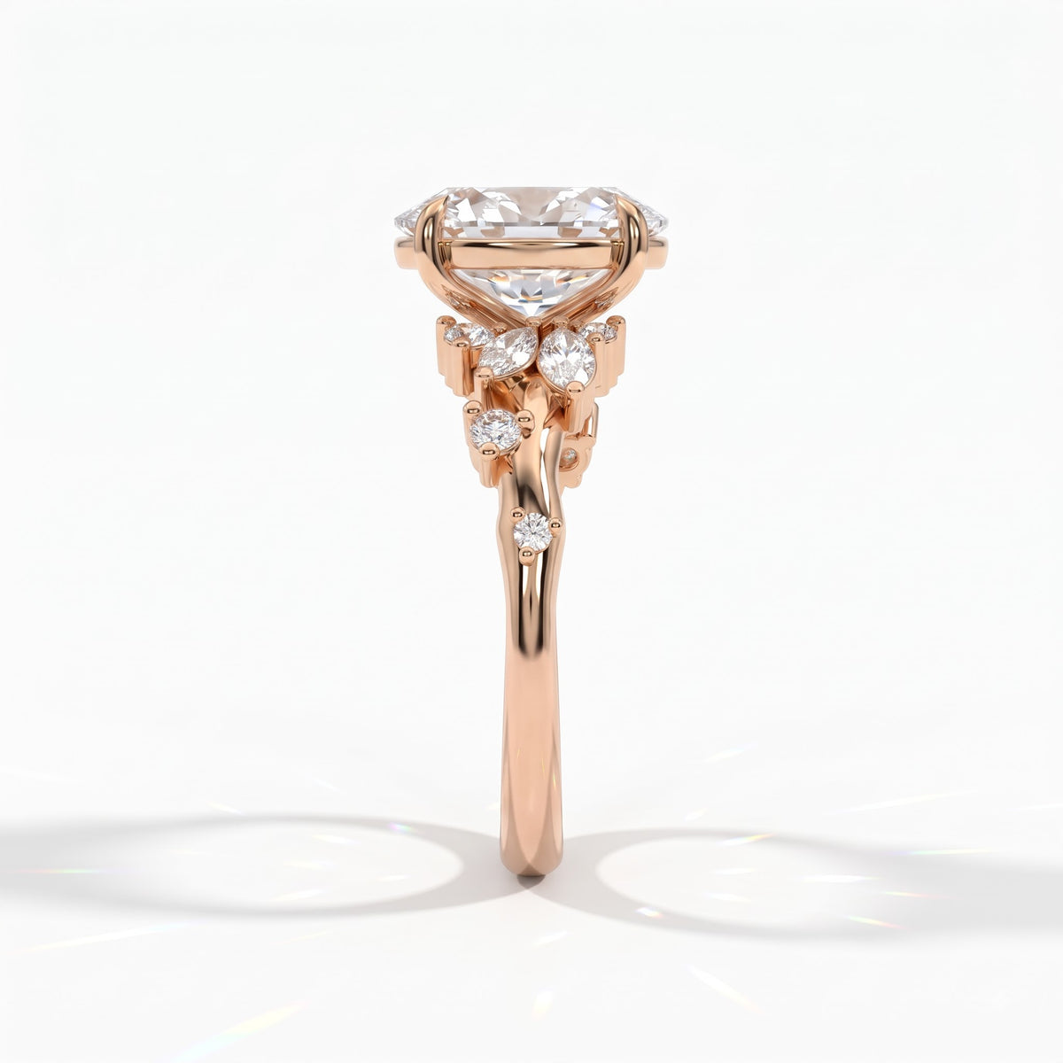 Oval lab-grown diamond cluster engagement ring with marquise and round leaf accents in 14K (585) rose gold, side view