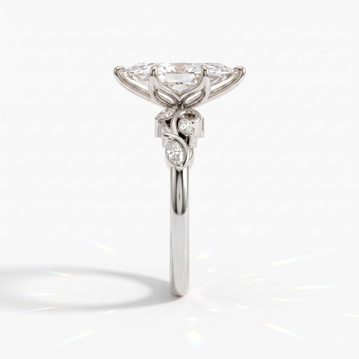 Marquise cut lab-grown diamond vine engagement ring with marquise leaf accents in 14K (585) white gold, side view
