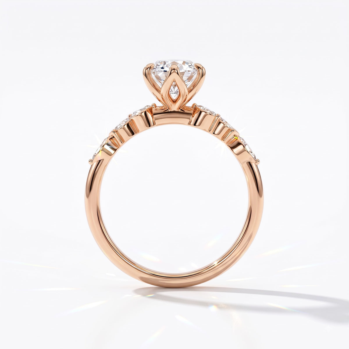 Marquise cut lab-grown diamond vine engagement ring with marquise leaf accents in 18K (750) rose gold, upright profile view