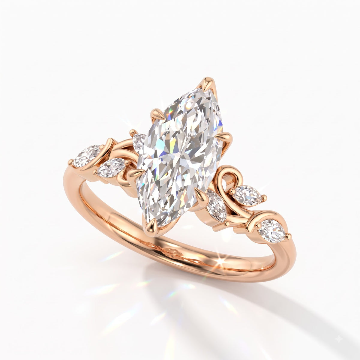 Marquise cut lab-grown diamond vine engagement ring with marquise leaf accents in 18K (750) rose gold, angled view