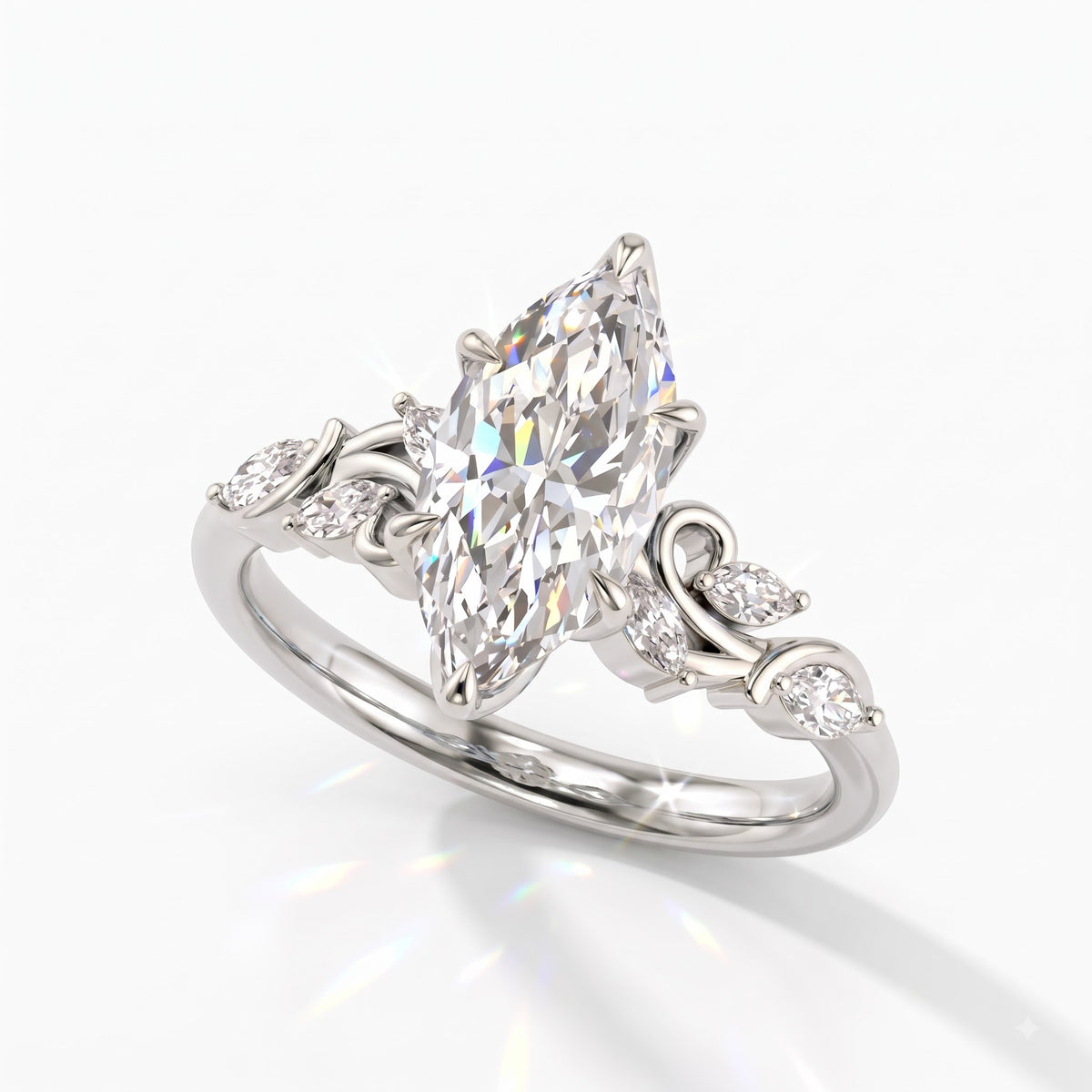 Marquise cut lab-grown diamond vine engagement ring with marquise leaf accents in 18K (750) white gold, angled view