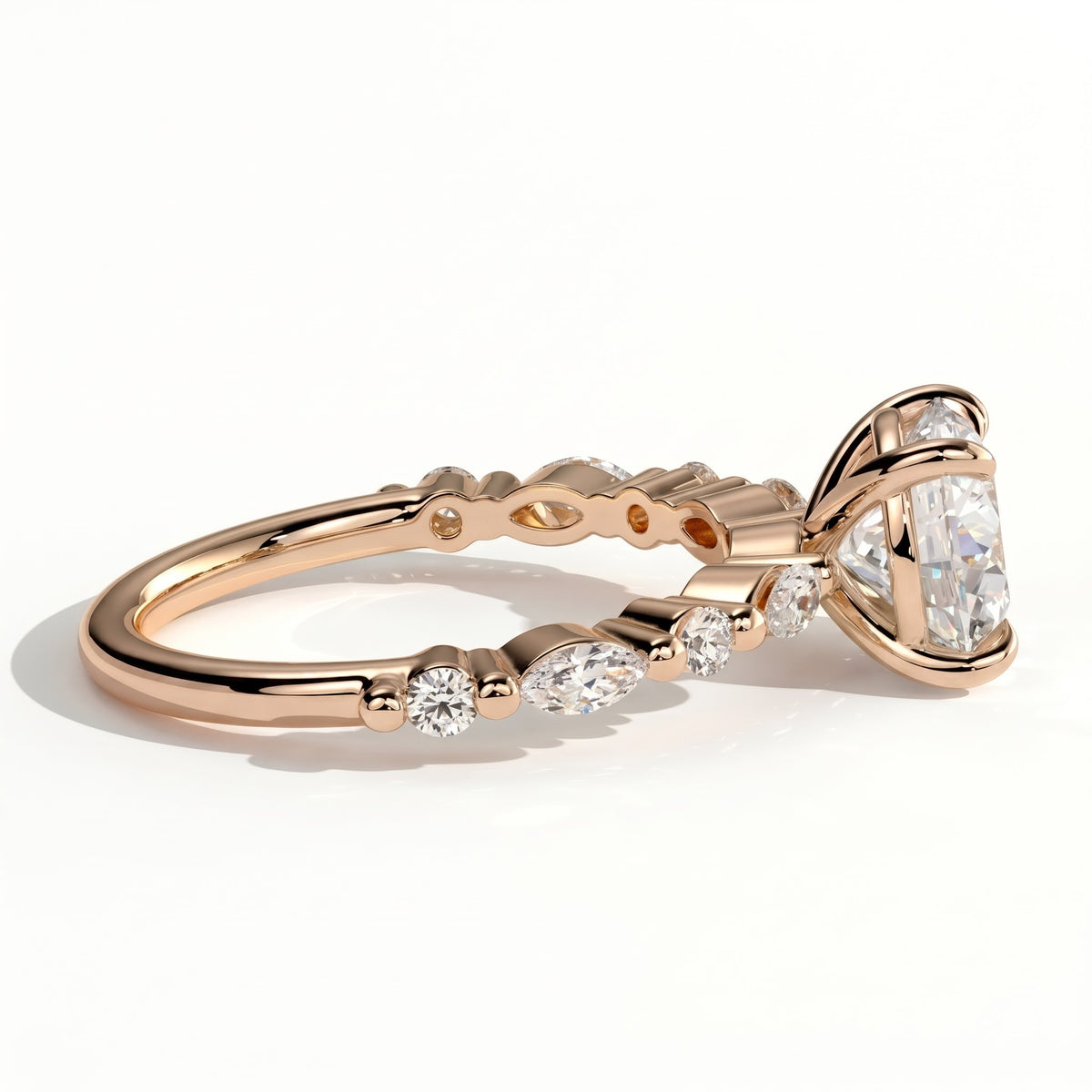 Round lab-grown diamond halo engagement ring in 18K (750) rose gold, detail view
