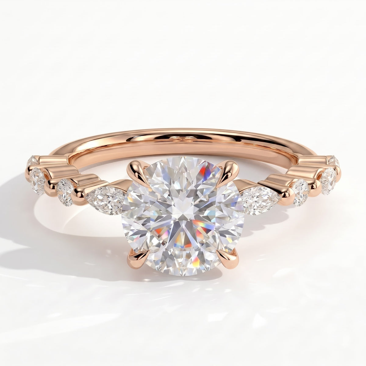 Round lab-grown diamond halo engagement ring in 18K (750) rose gold, front view