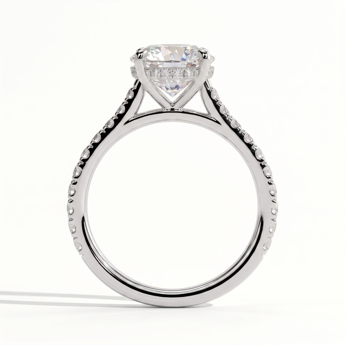 Round lab-grown diamond halo engagement ring in 14K (585) white gold, side profile