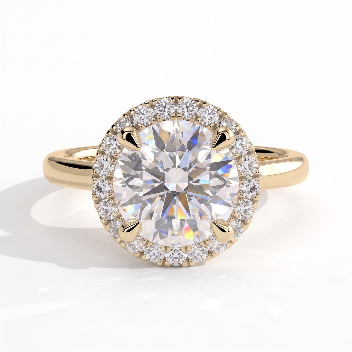 Round lab-grown diamond halo engagement ring in 18K (750) yellow gold, front view