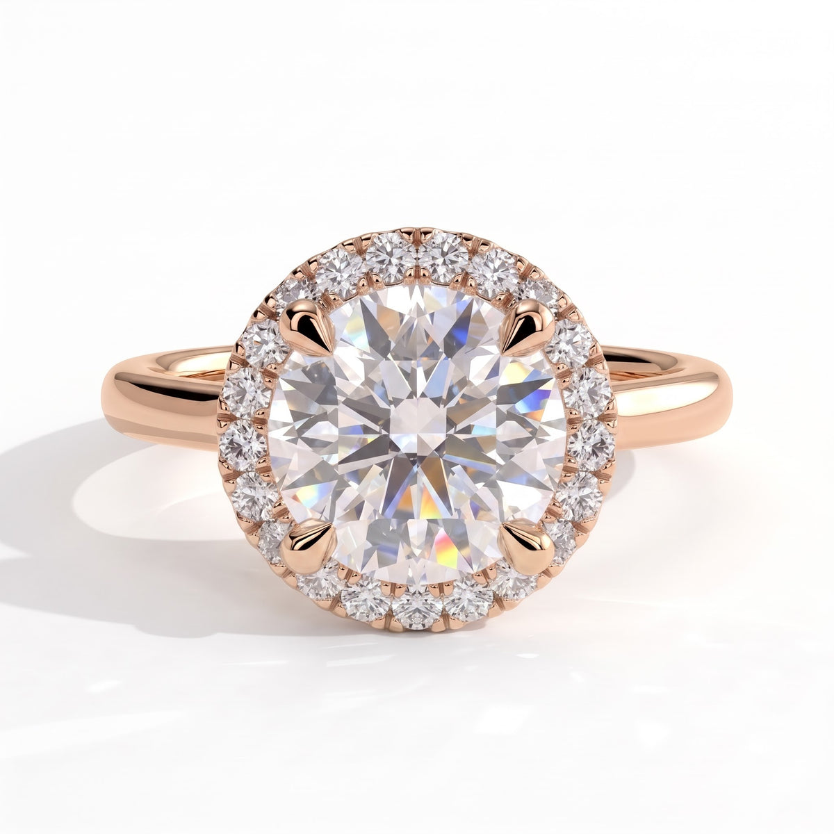 Round lab-grown diamond halo engagement ring in 18K (750) rose gold, front view