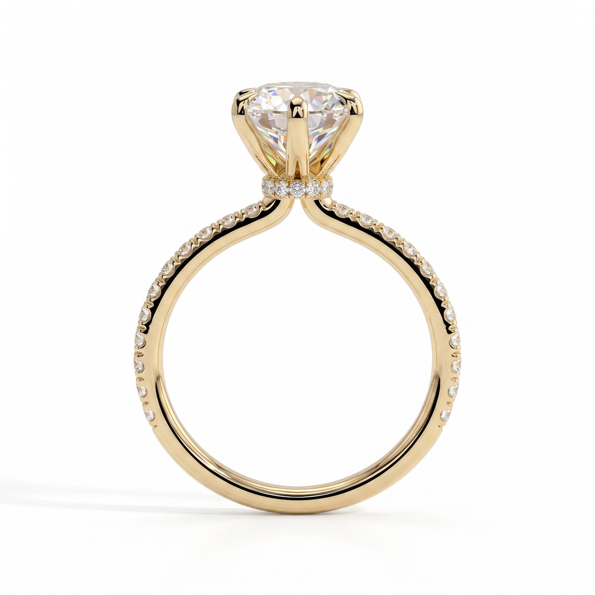 Round lab-grown diamond halo engagement ring in 14K (585) yellow gold, side profile