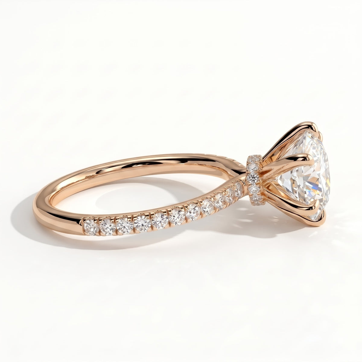 Round lab-grown diamond halo engagement ring in 14K (585) rose gold, detail view