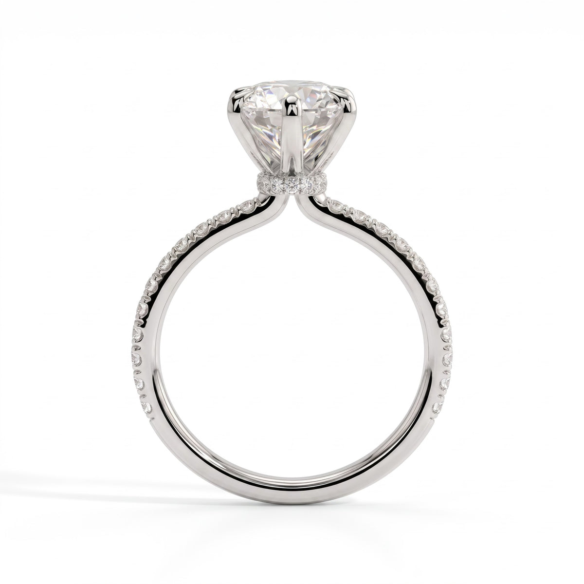 Round lab-grown diamond halo engagement ring in 18K (750) white gold, side profile