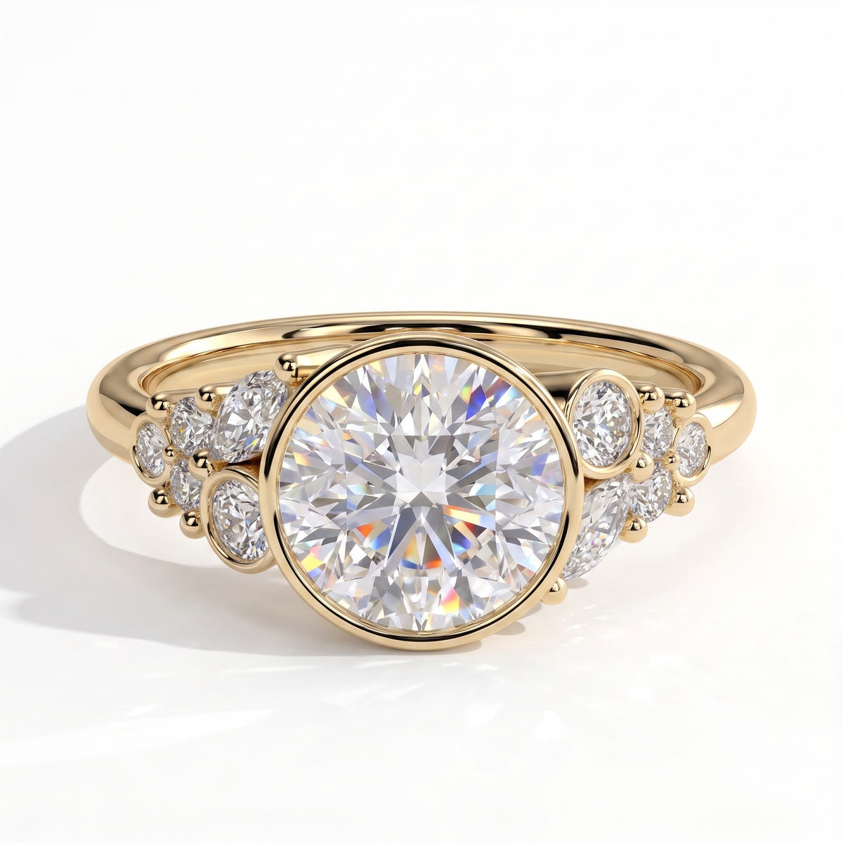 Round lab-grown diamond bezel-set halo engagement ring in 14K (585) yellow gold, front view