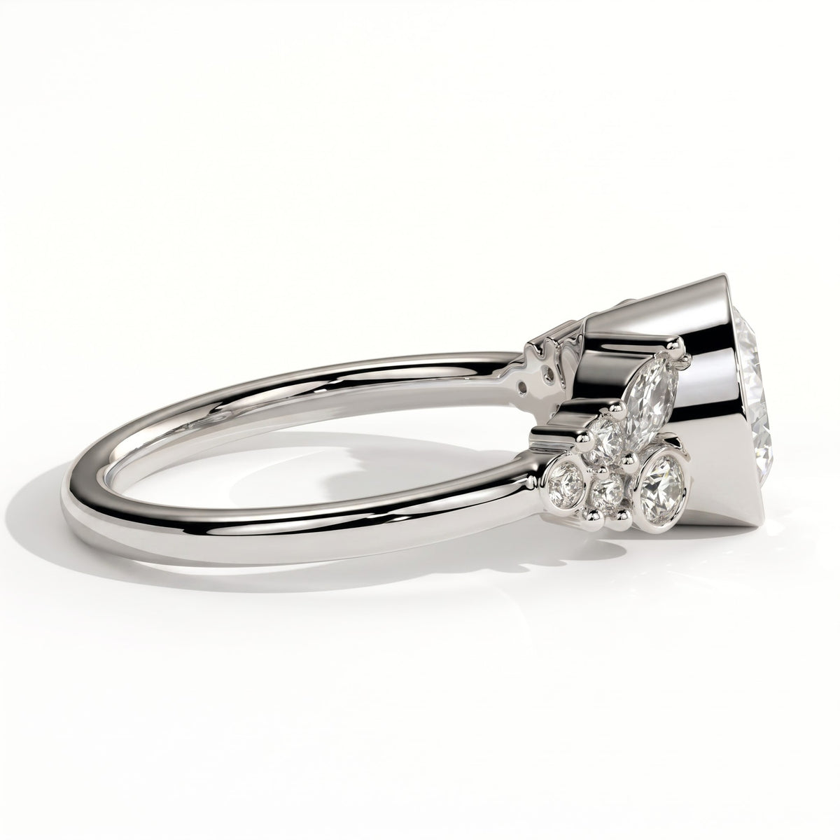 Round lab-grown diamond bezel-set halo engagement ring in 950 platinum, detail view