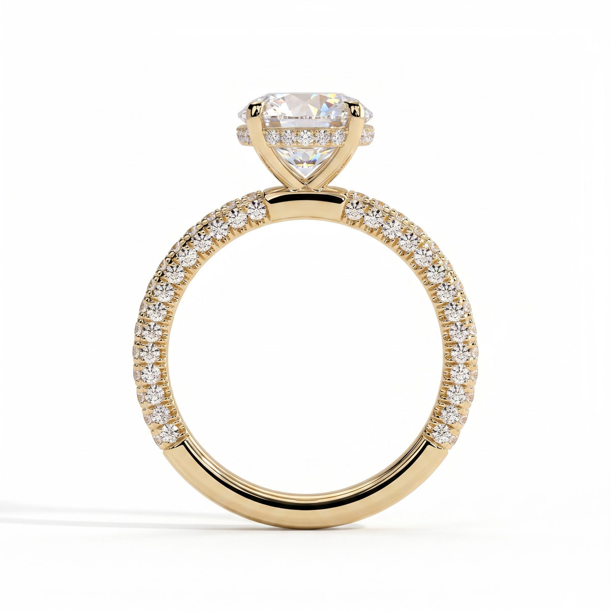 Round lab-grown diamond halo engagement ring in 18K (750) yellow gold, side profile