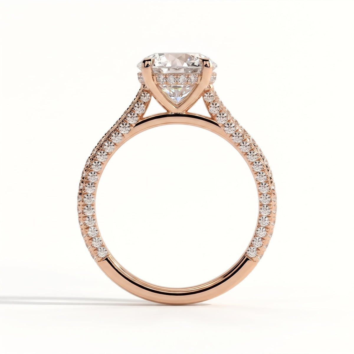 Round lab-grown diamond halo engagement ring in 18K (750) rose gold, side profile