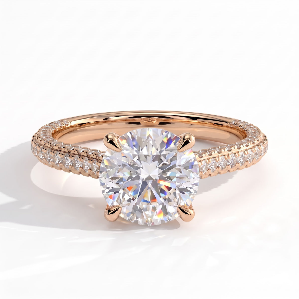 Round lab-grown diamond halo engagement ring in 18K (750) rose gold, front view