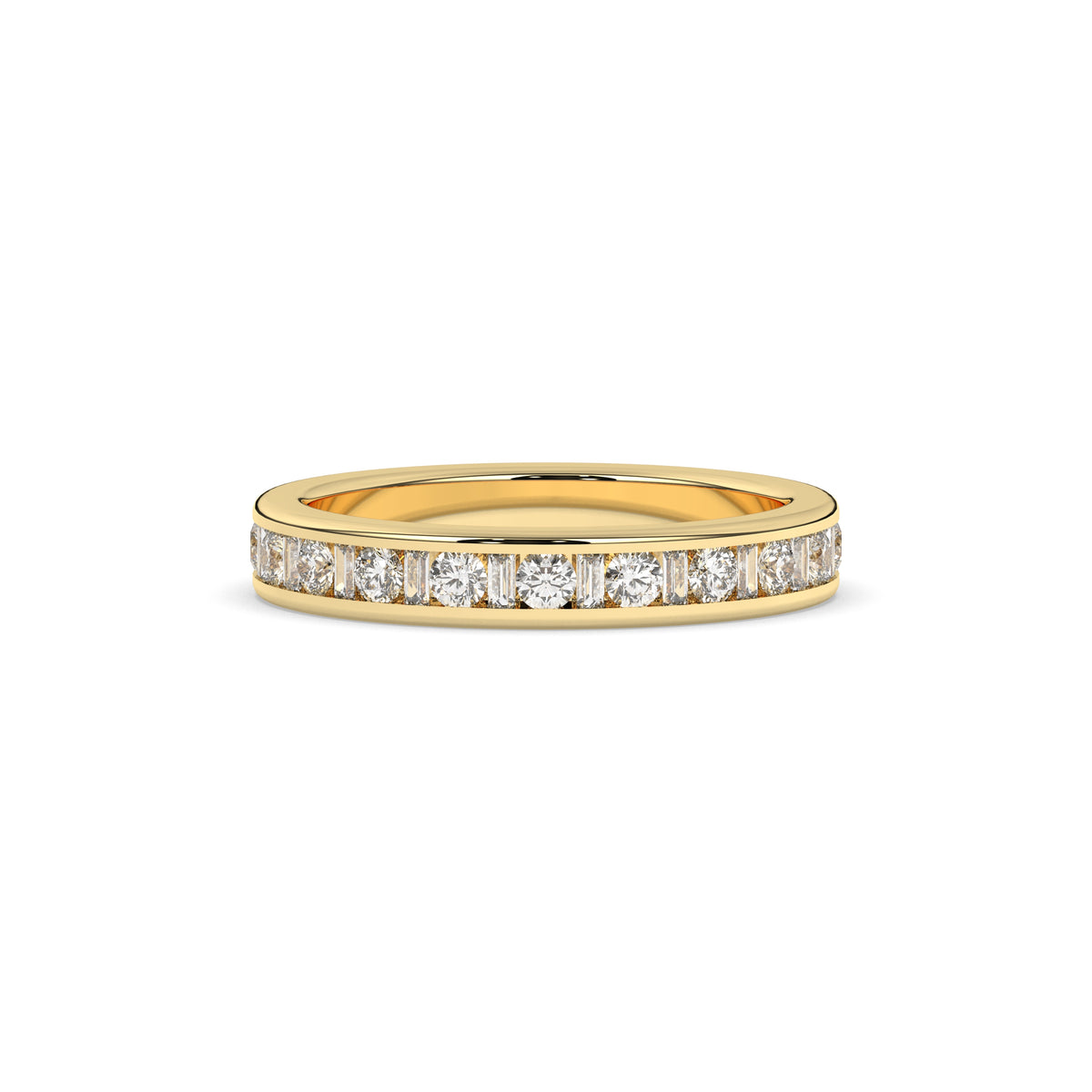 Elodie round and baguette lab-grown diamond channel-set eternity wedding band in 585 yellow gold, front view