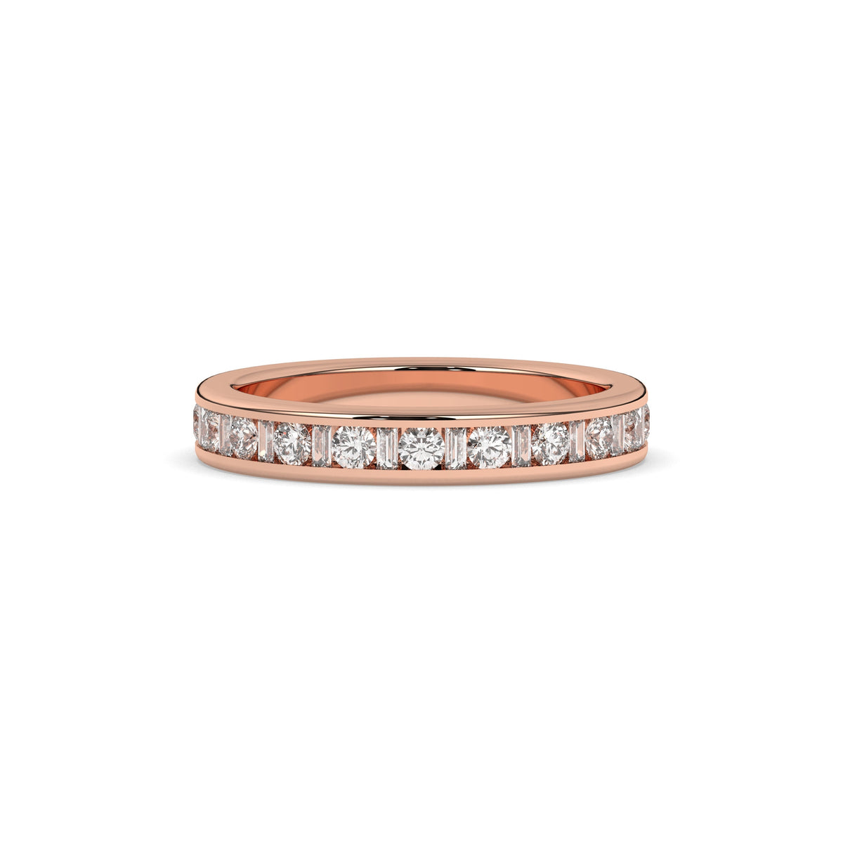 Elodie round and baguette lab-grown diamond channel-set eternity wedding band in 750 rose gold, front view