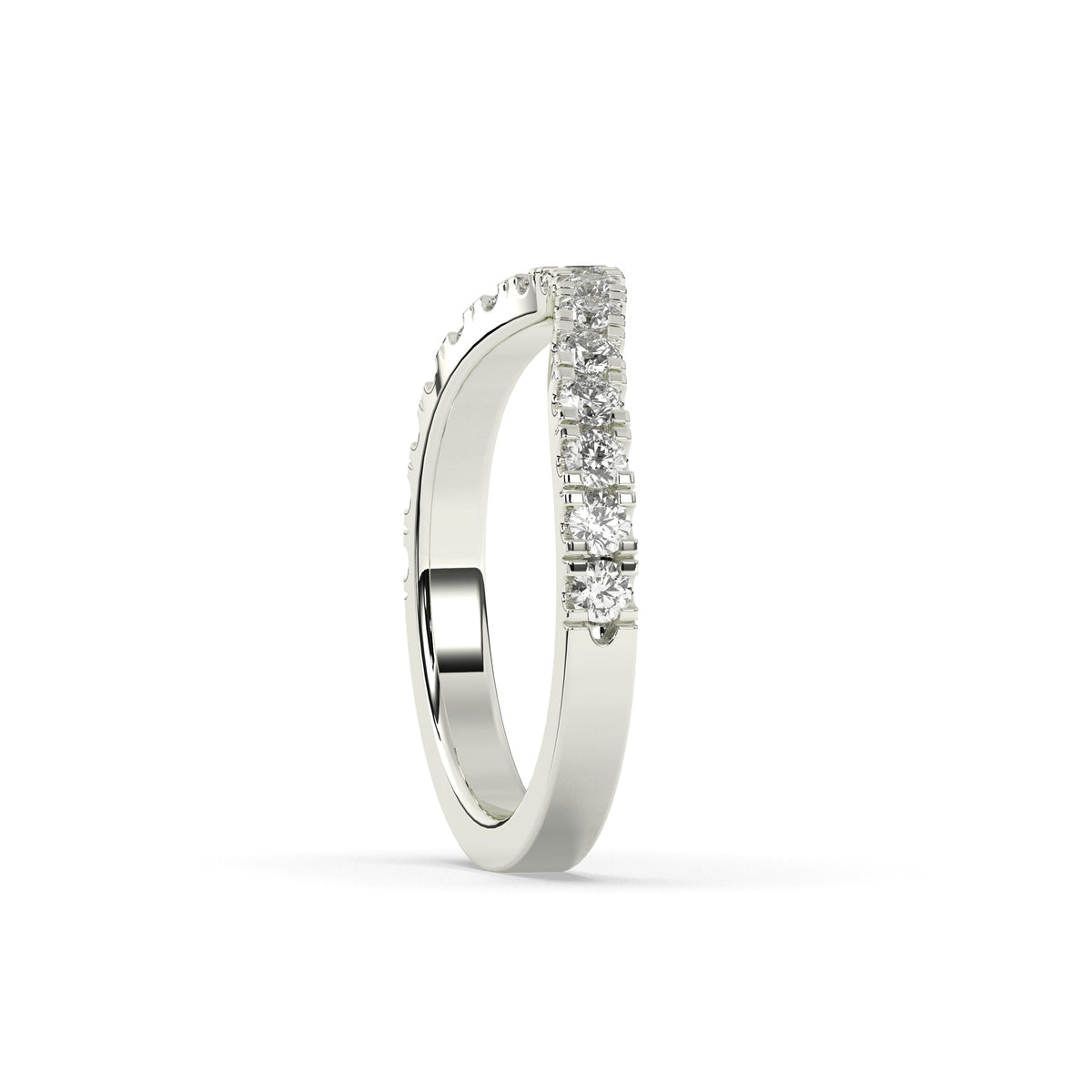 Irmel curved round lab-grown diamond memoire wedding band in 750 white gold, side view