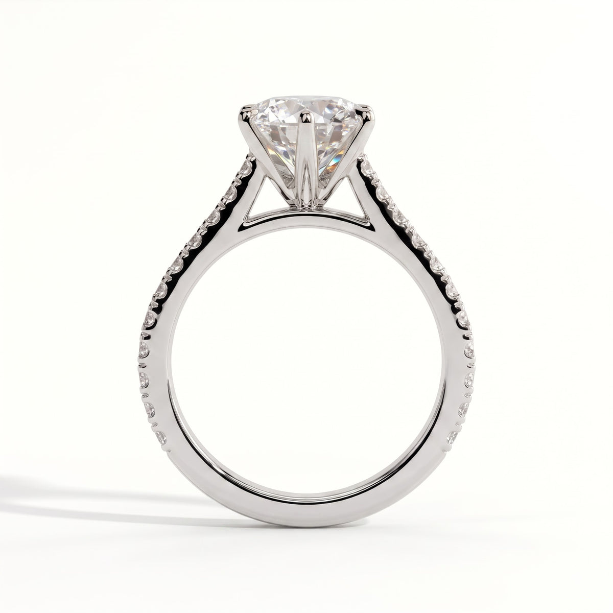 Round lab-grown diamond halo engagement ring in 18K (750) white gold, side profile