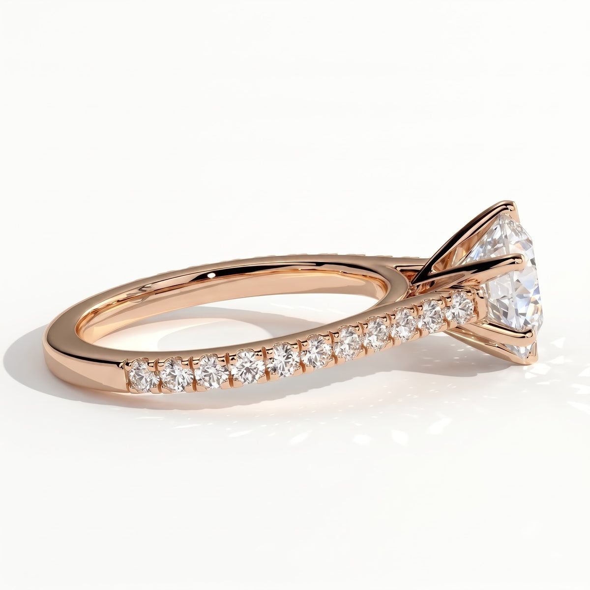 Round lab-grown diamond halo engagement ring in 18K (750) rose gold, detail view