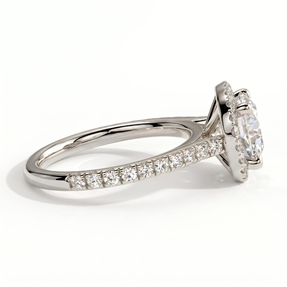 Round lab-grown diamond halo engagement ring in 14K (585) white gold, detail view