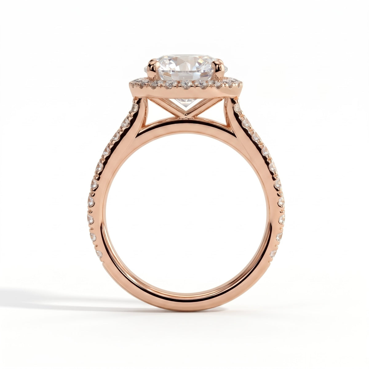 Round lab-grown diamond halo engagement ring in 18K (750) rose gold, detail view