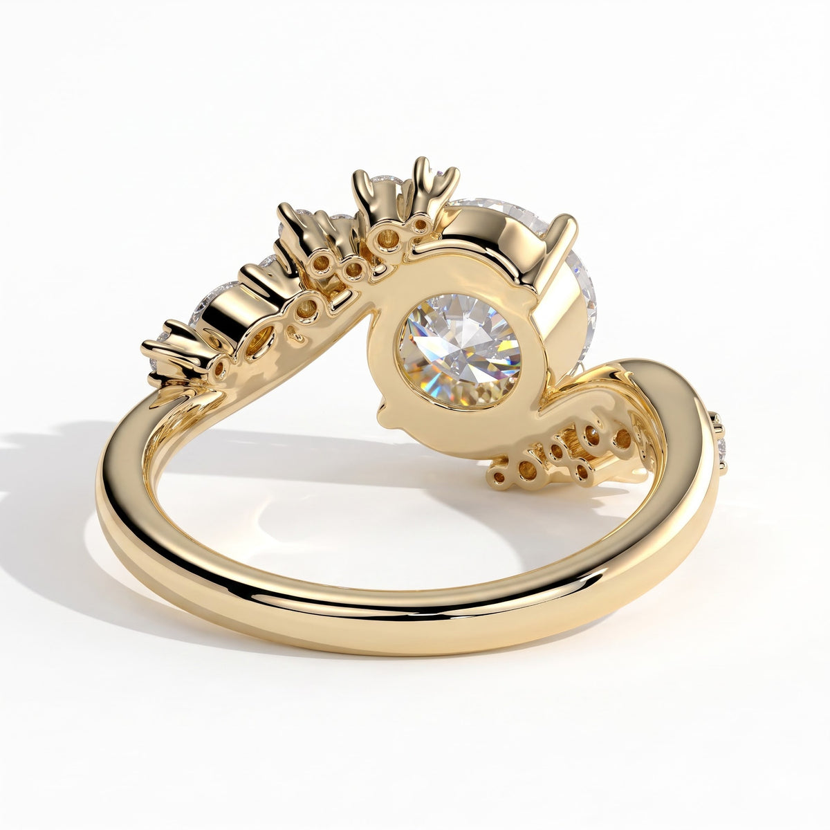 Round lab-grown diamond halo engagement ring in 18K (750) yellow gold, on white background