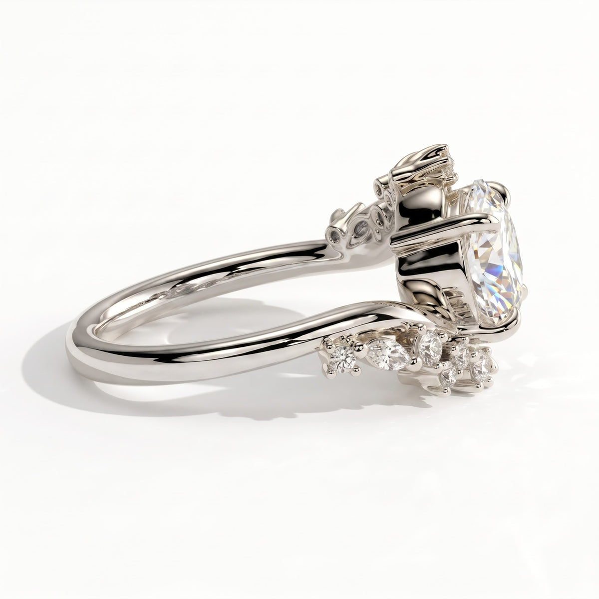 Round lab-grown diamond halo engagement ring in 950 platinum, detail view