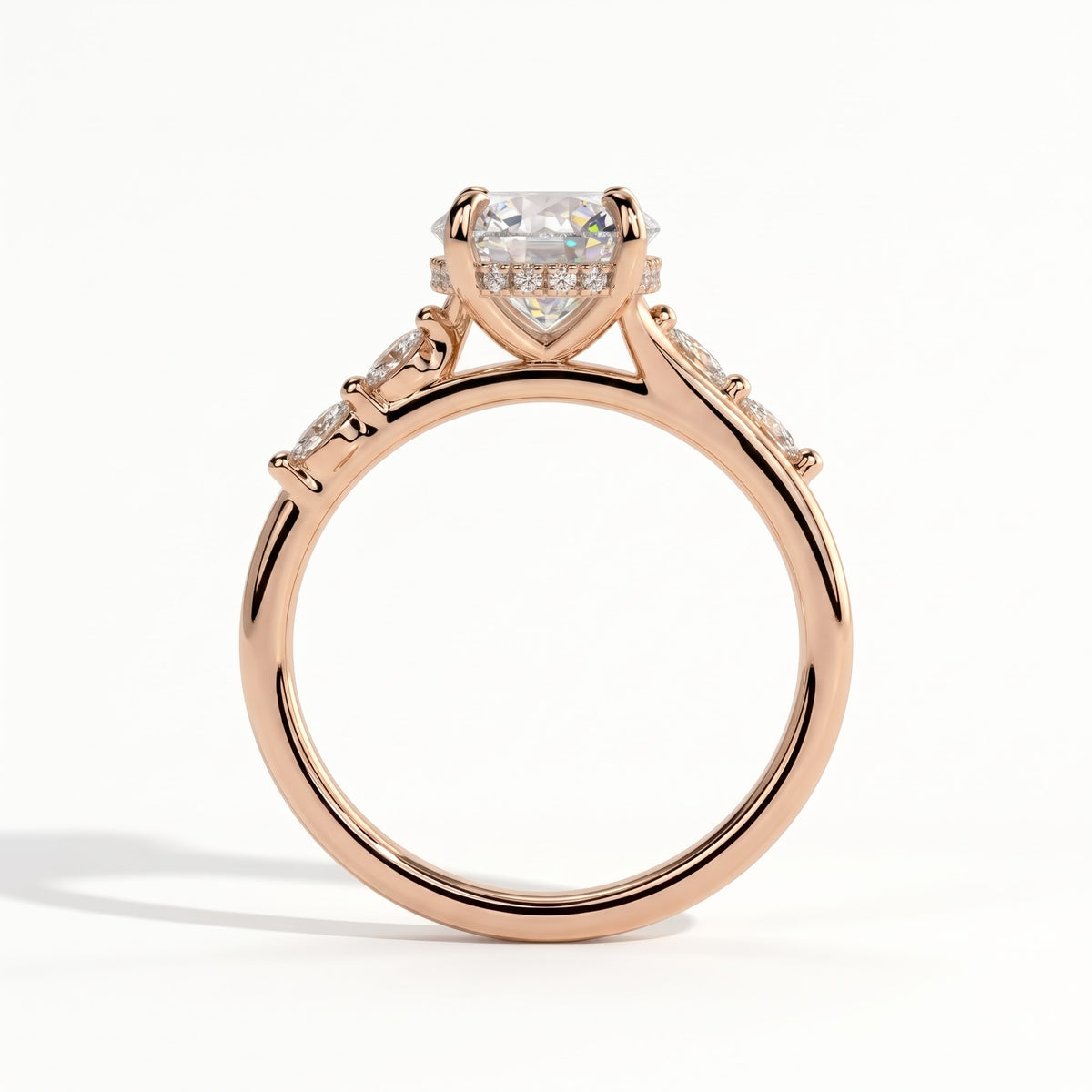 Round lab-grown diamond halo engagement ring in 14K (585) rose gold, side profile