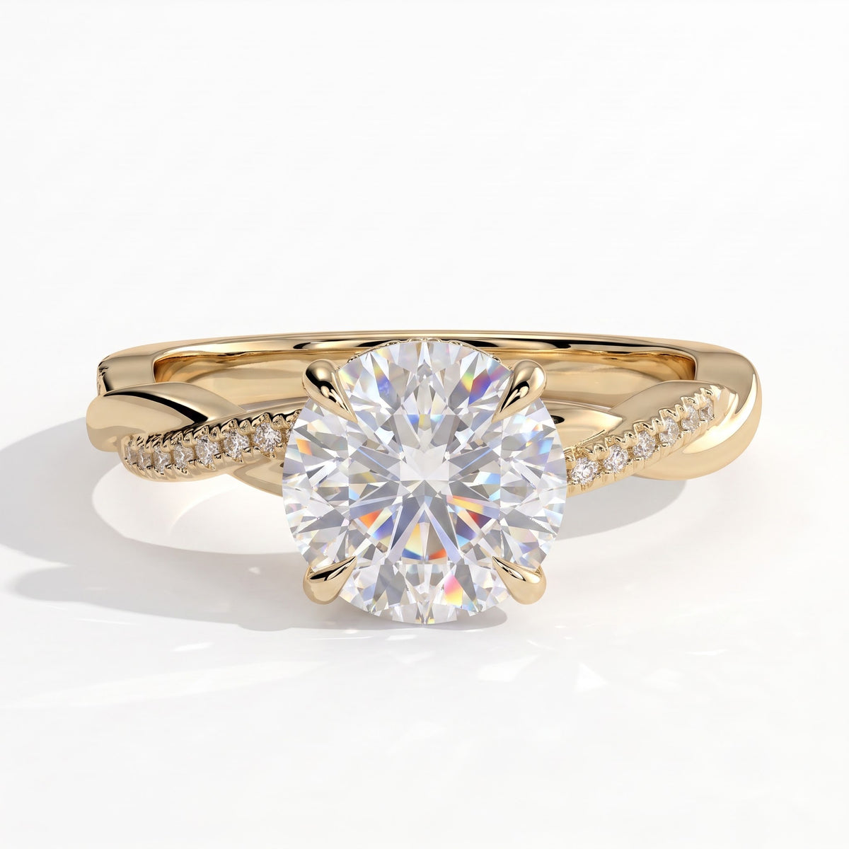 Round lab-grown diamond halo engagement ring in 14K (585) yellow gold, front view