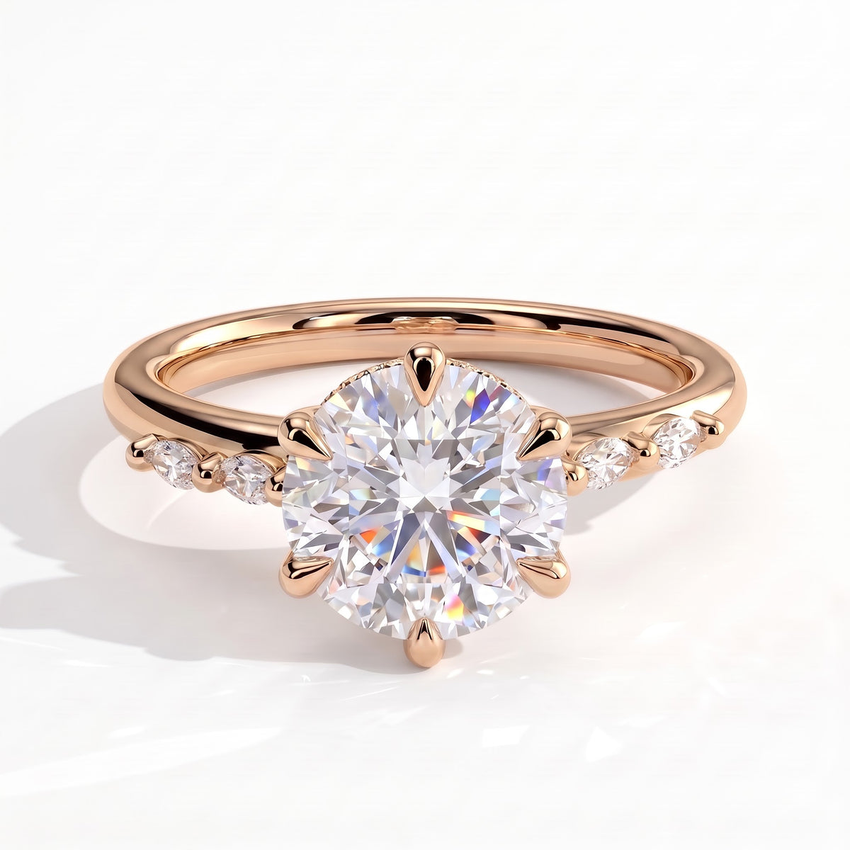 Round lab-grown diamond halo engagement ring in 18K (750) rose gold, front view