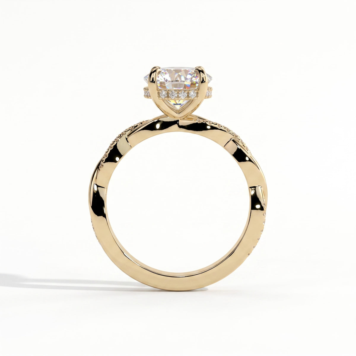 Round lab-grown diamond halo engagement ring in 18K (750) yellow gold, side profile