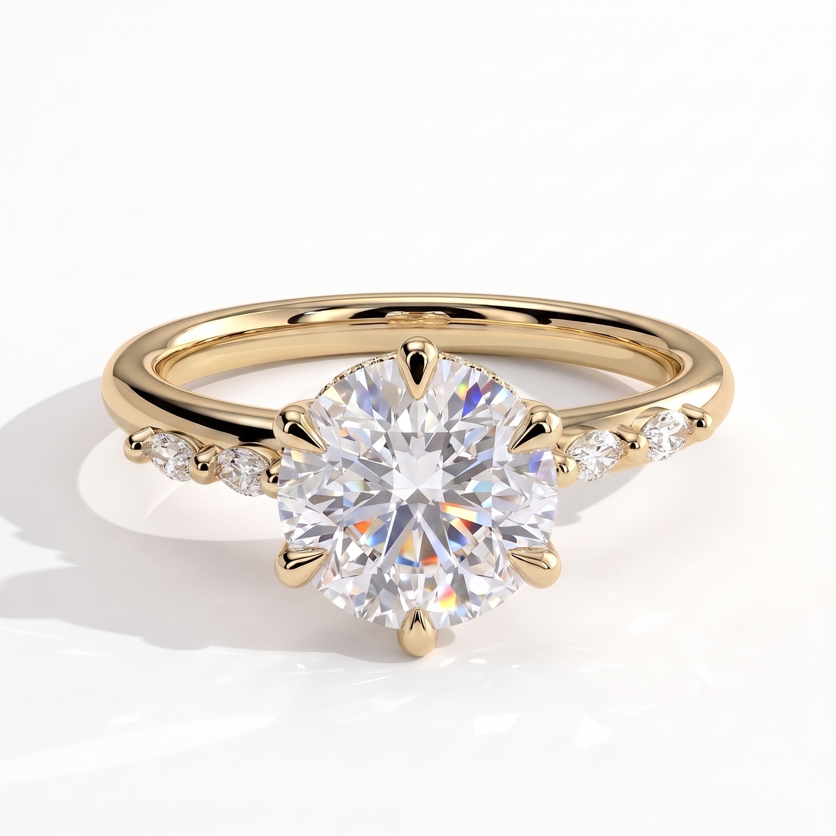 Round lab-grown diamond halo engagement ring in 18K (750) yellow gold, front view