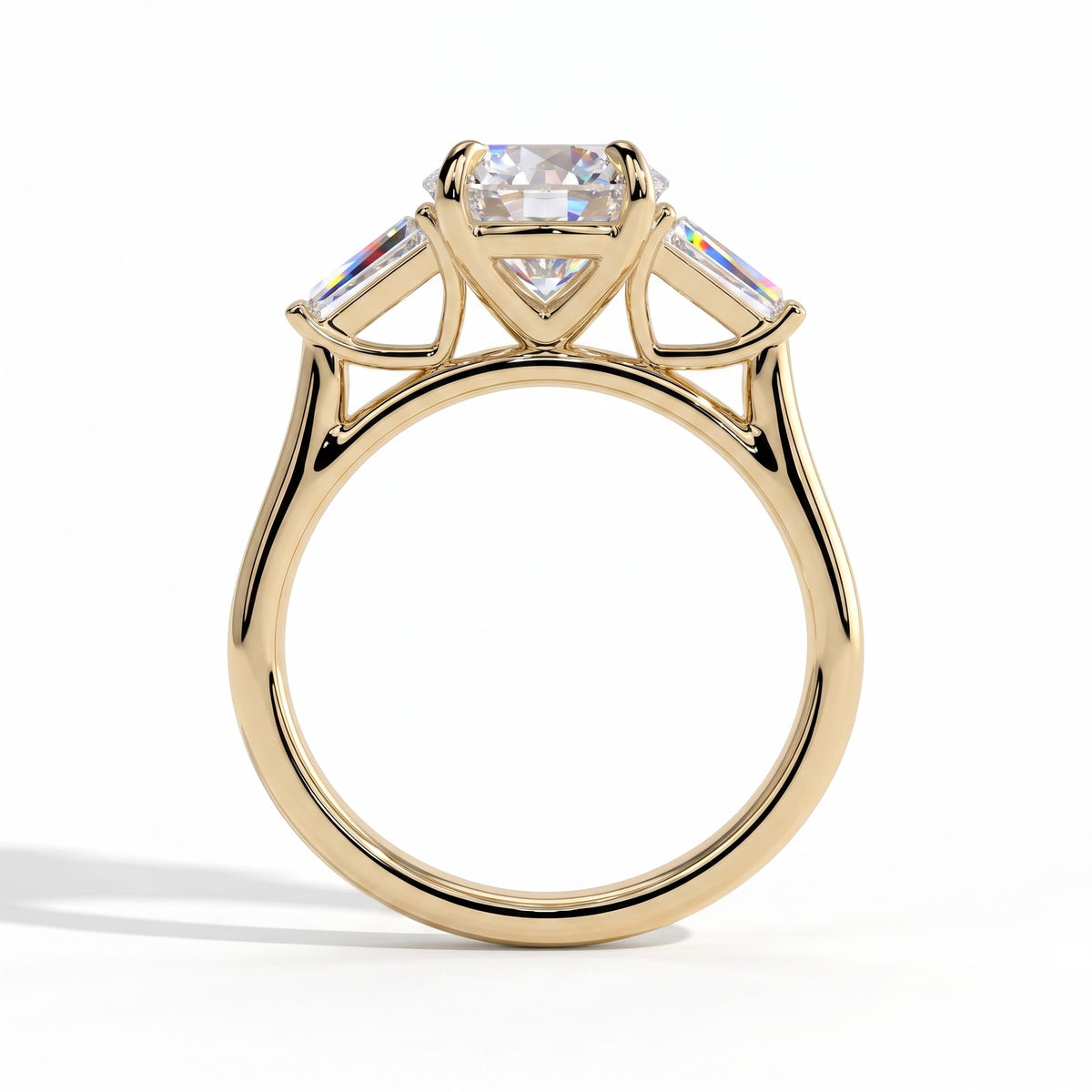 Round lab-grown diamond three-stone engagement ring in 14K (585) yellow gold, side profile