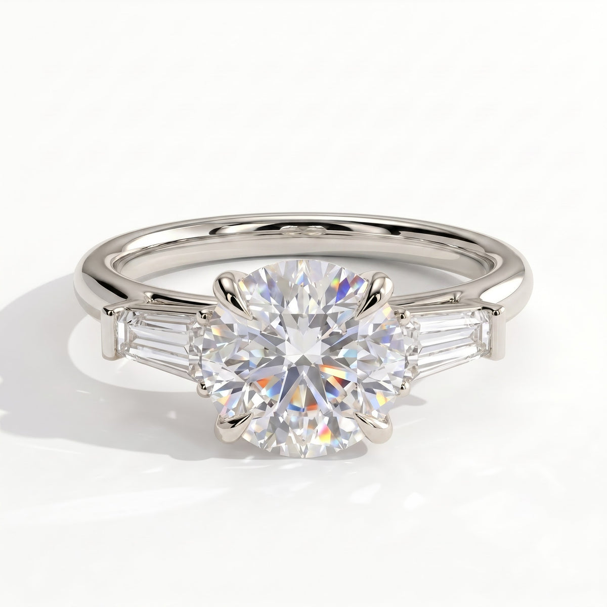 Round lab-grown diamond three-stone engagement ring in 14K (585) white gold, front view