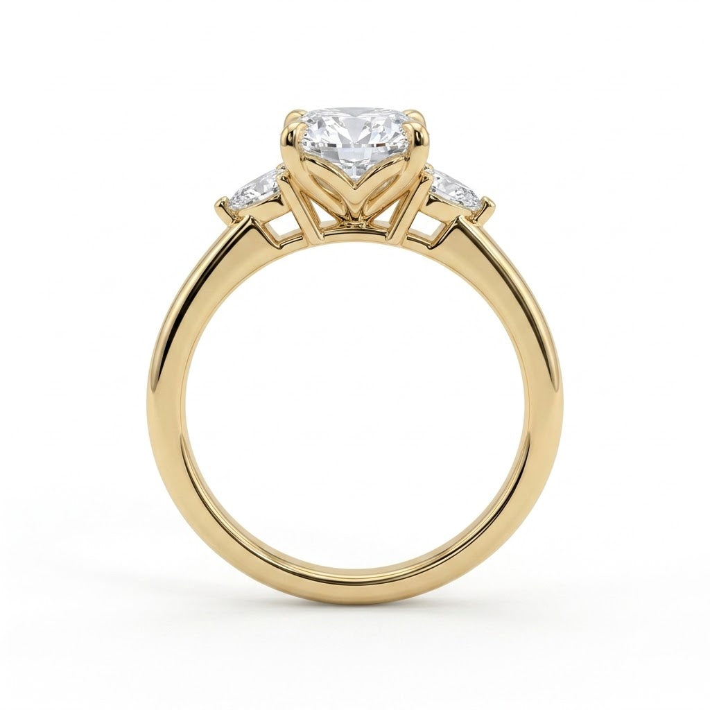 Oval lab-grown diamond three-stone engagement ring in 14K (585) yellow gold, side profile