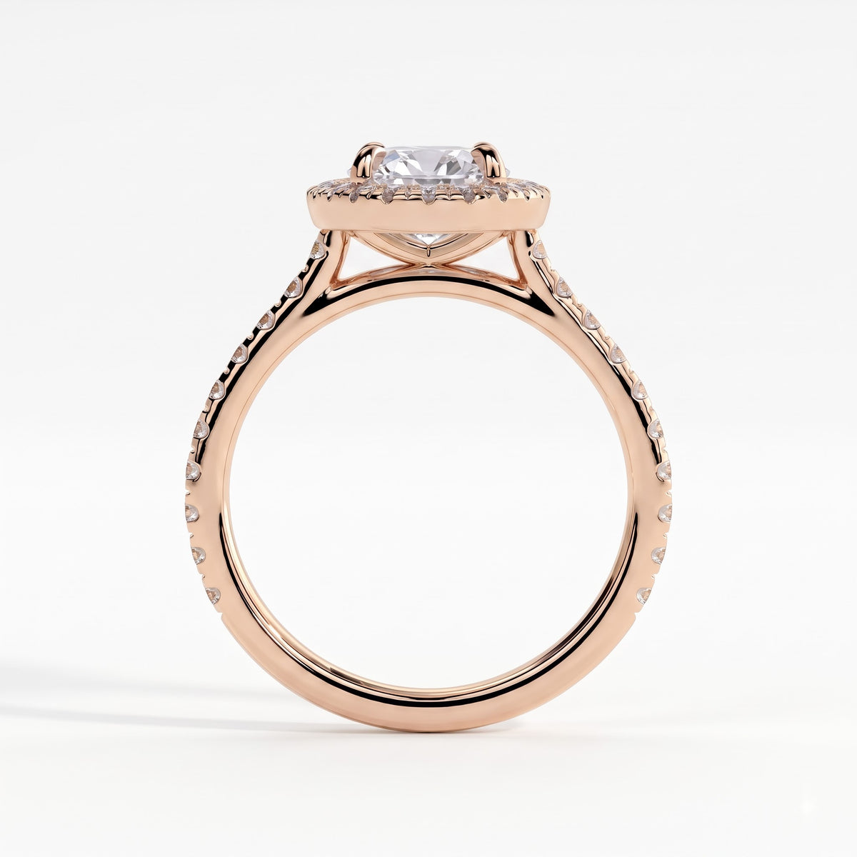 Oval lab-grown diamond halo engagement ring in 14K (585) rose gold, side profile