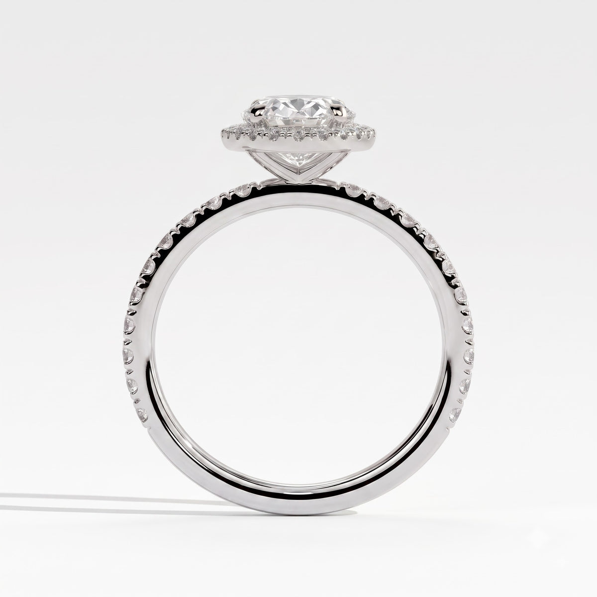 Oval lab-grown diamond halo engagement ring in 14K (585) white gold, side profile