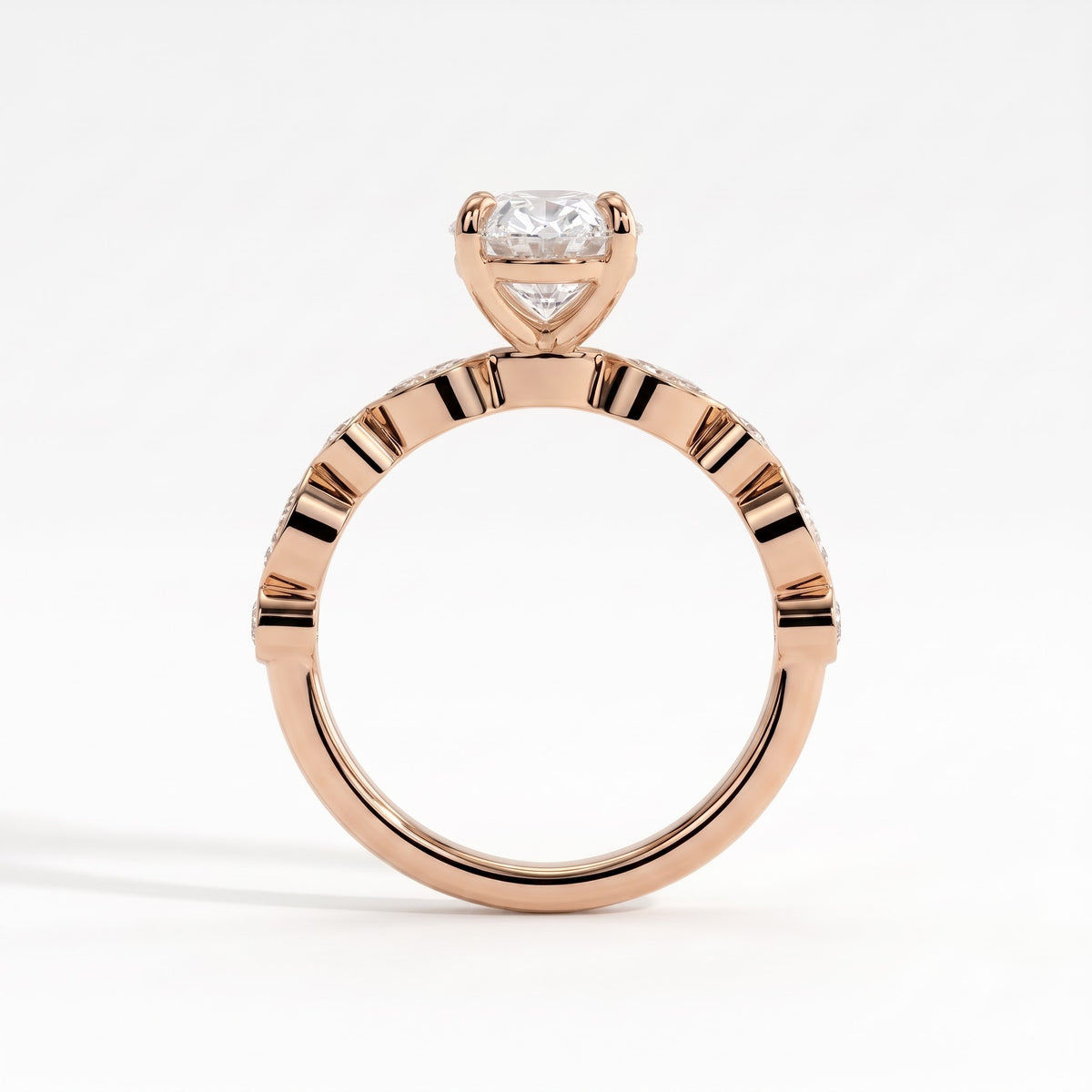 Oval lab-grown diamond bezel-set halo engagement ring in 18K (750) rose gold, side profile