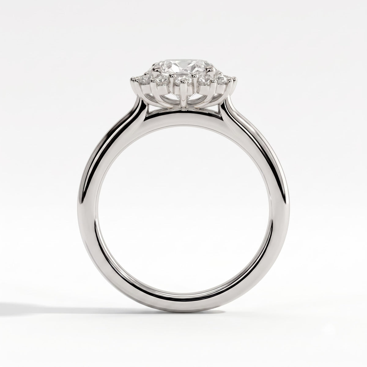 Oval lab-grown diamond halo engagement ring in 950 platinum, side profile