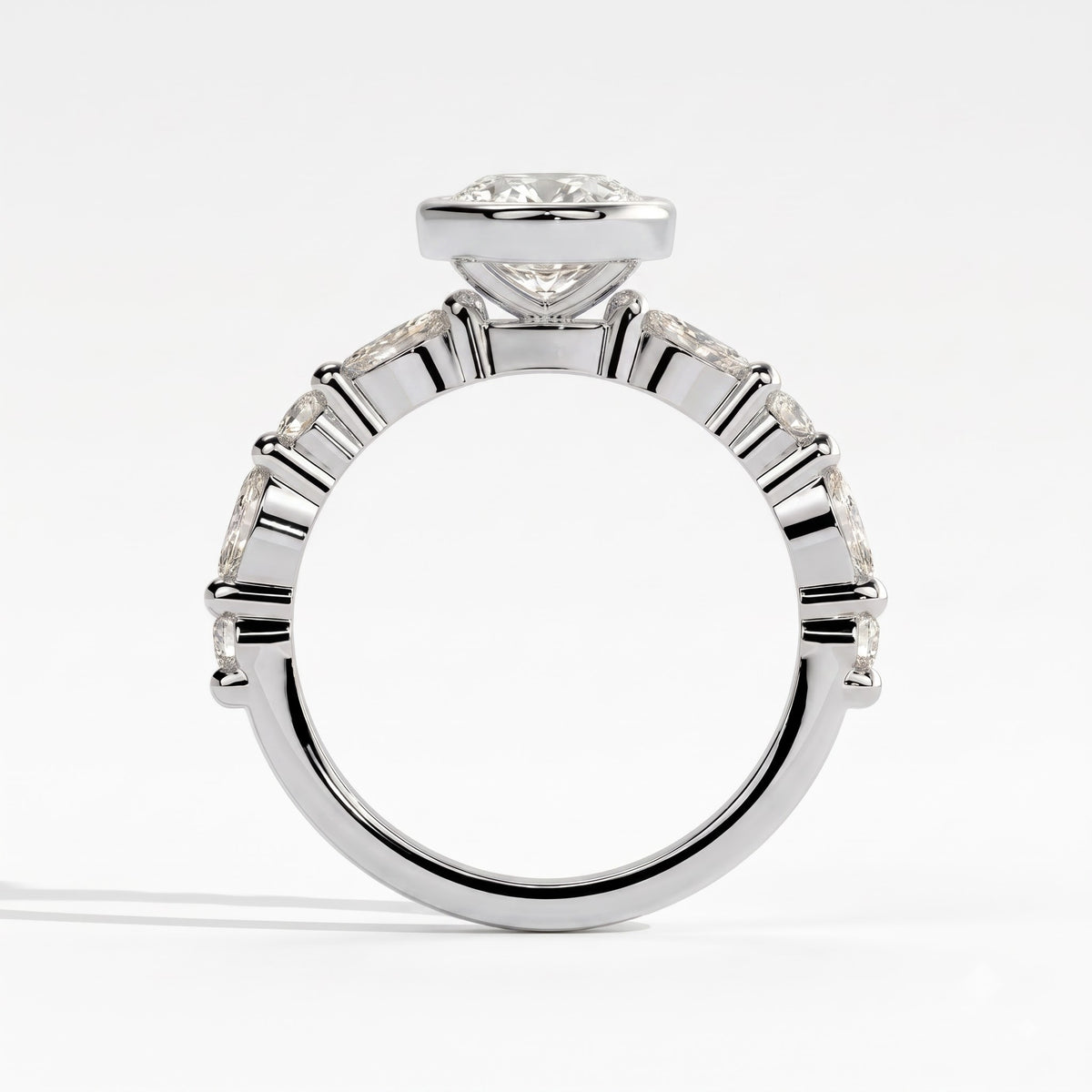Oval lab-grown diamond bezel-set halo engagement ring in 18K (750) white gold, side profile