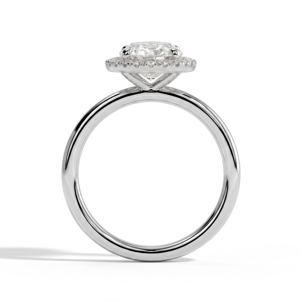Oval lab-grown diamond halo engagement ring in 950 platinum, side profile