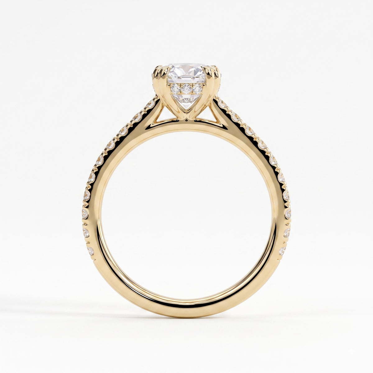 Oval lab-grown diamond halo engagement ring in 14K (585) yellow gold, side profile