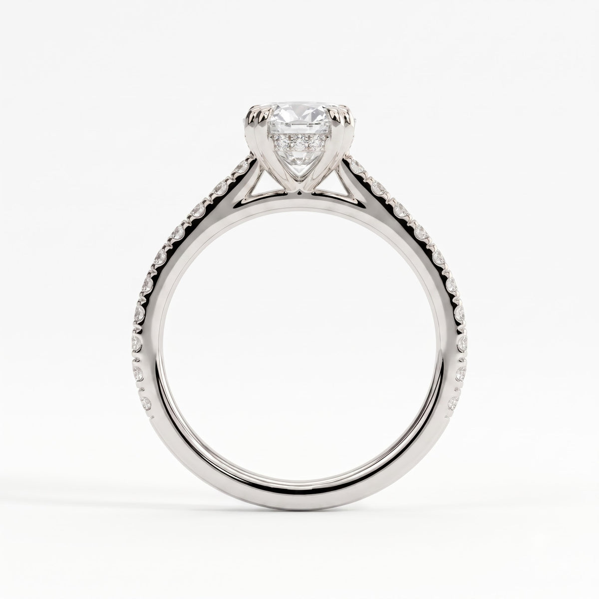 Oval lab-grown diamond halo engagement ring in 14K (585) white gold, side profile