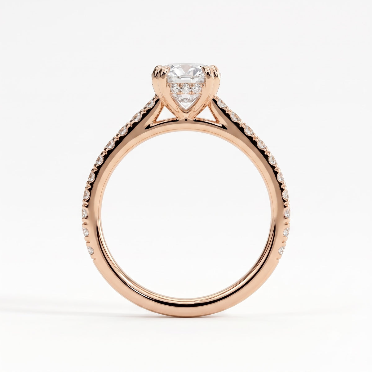 Oval lab-grown diamond halo engagement ring in 18K (750) rose gold, side profile
