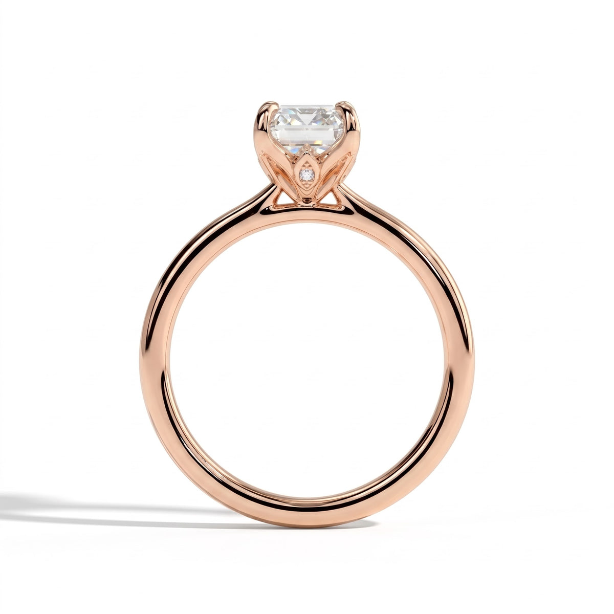 Emerald lab-grown diamond halo engagement ring in 14K (585) rose gold, side profile