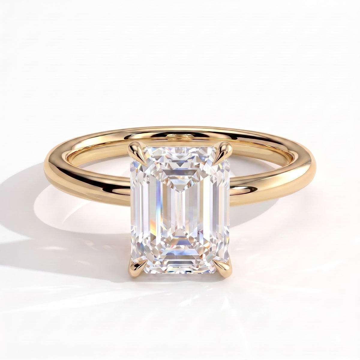 Emerald lab-grown diamond solitaire engagement ring in 18K (750) yellow gold, front view