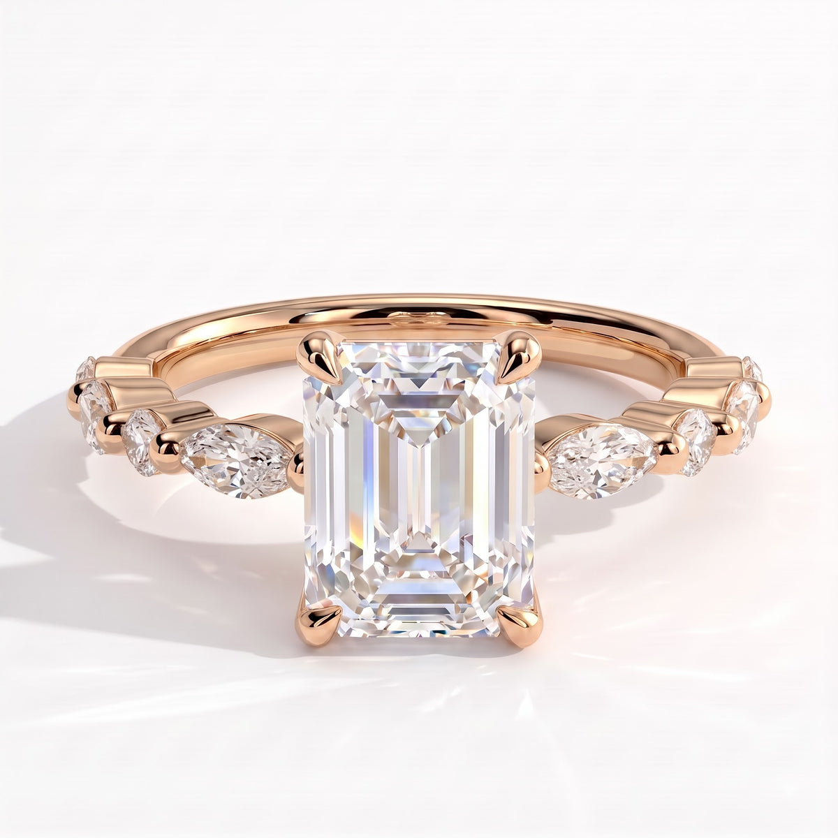 Emerald lab-grown diamond halo engagement ring in 14K (585) rose gold, front view