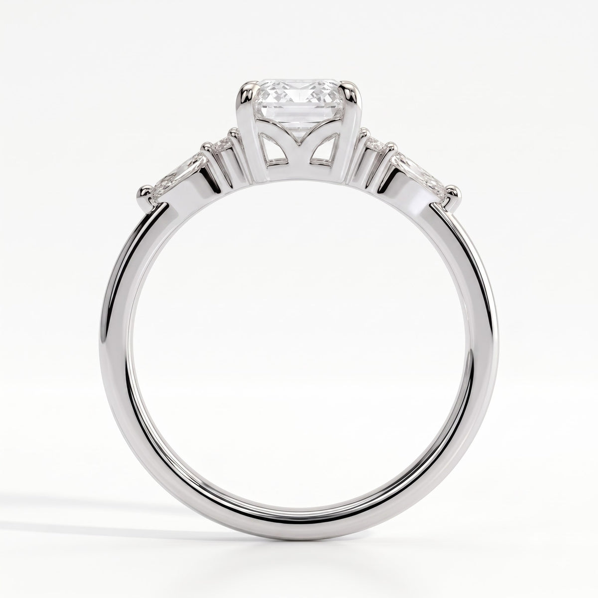 Emerald lab-grown diamond halo engagement ring in 18K (750) white gold, side profile